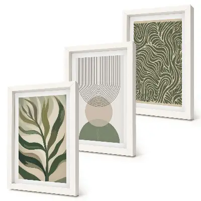 Conjunto de quadros com artes botânicas e geométricas com folhas e formas geométricas abstratas