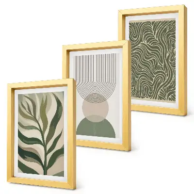 Conjunto de quadros com artes botânicas e geométricas com folhas e formas geométricas abstratas