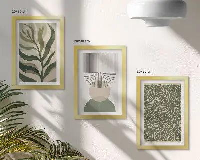 Conjunto de quadros com artes botânicas e geométricas com folhas e formas geométricas abstratas