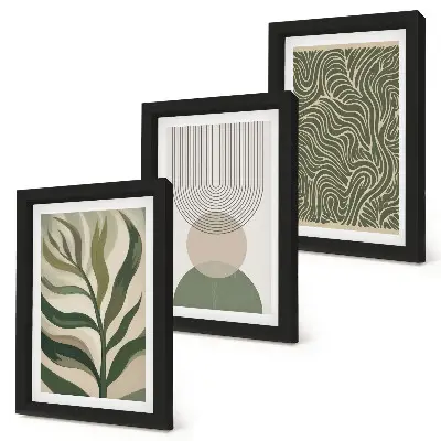 Conjunto de quadros com artes botânicas e geométricas com folhas e formas geométricas abstratas