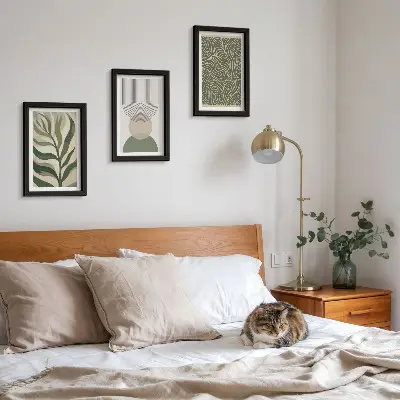 Conjunto de quadros com artes botânicas e geométricas com folhas e formas geométricas abstratas