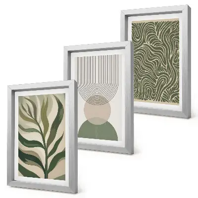 Conjunto de quadros com artes botânicas e geométricas com folhas e formas geométricas abstratas