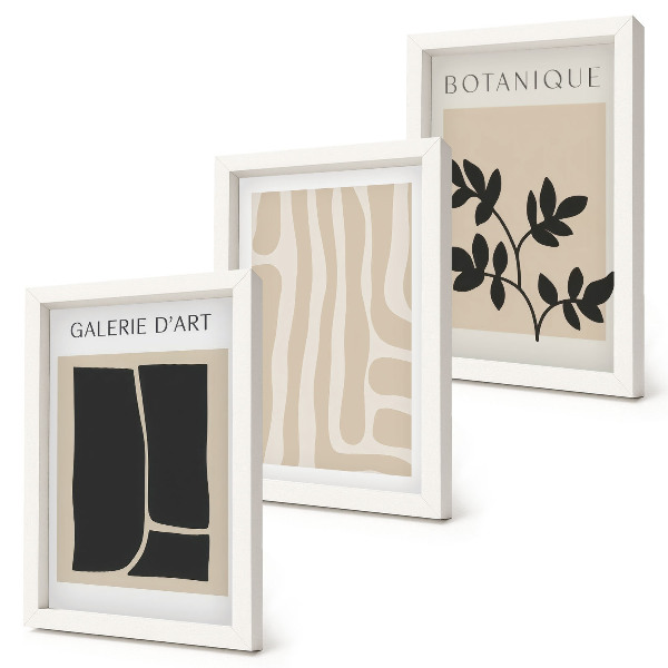 Conjunto de molduras com imagens Formas abstratas e motivos vegetais em tons neutros.