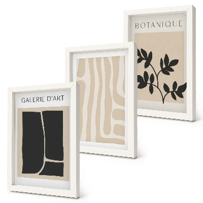 Conjunto de molduras com imagens Formas abstratas e motivos vegetais em tons neutros.