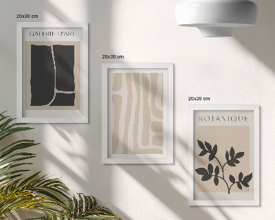 Conjunto de molduras com imagens Formas abstratas e motivos vegetais em tons neutros.