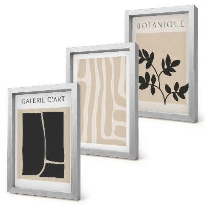 Conjunto de molduras com imagens Formas abstratas e motivos vegetais em tons neutros.