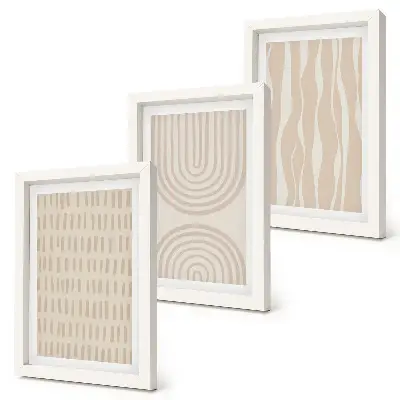 Tríptico com moldura com padrões abstratos em tons de bege e branco