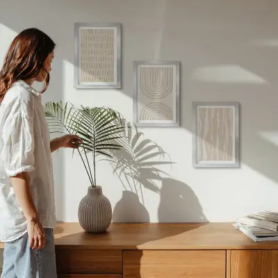Tríptico com moldura com padrões abstratos em tons de bege e branco