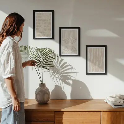 Tríptico com moldura com padrões abstratos em tons de bege e branco