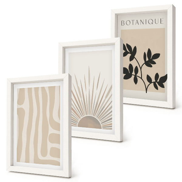 Conjunto de 3 quadros decorativos Padrões abstratos com detalhes florais em tons neutros.