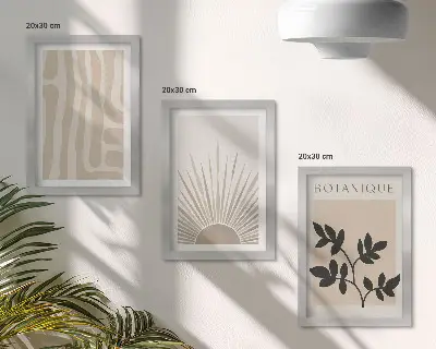 Conjunto de 3 quadros decorativos com padrões abstratos e detalhes florais em tons neutros
