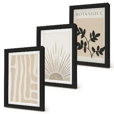 Conjunto de 3 quadros decorativos com padrões abstratos e detalhes florais em tons neutros