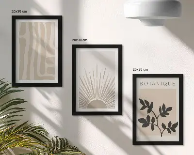 Conjunto de 3 quadros decorativos com padrões abstratos e detalhes florais em tons neutros