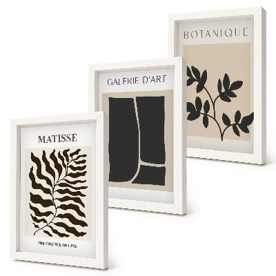 Conjunto de 3 quadros decorativos Pôsteres minimalistas com padrões de plantas e elementos abstratos.