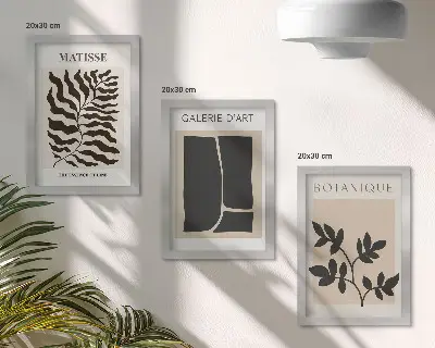 Conjunto de 3 quadros decorativos com pôsteres minimalistas de plantas e elementos abstratos