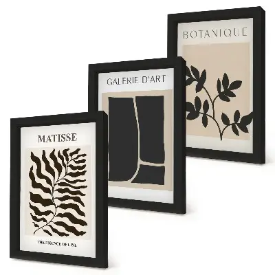 Conjunto de 3 quadros decorativos com pôsteres minimalistas de plantas e elementos abstratos