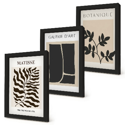 Conjunto de 3 quadros decorativos Pôsteres minimalistas com padrões de plantas e elementos abstratos.