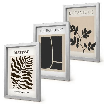 Conjunto de 3 quadros decorativos Pôsteres minimalistas com padrões de plantas e elementos abstratos.