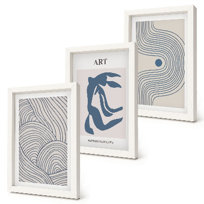 Tríptico com moldura Padrões abstratos de linhas e formas em tons de azul.