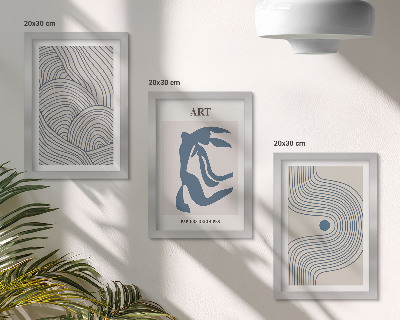 Tríptico com moldura Padrões abstratos de linhas e formas em tons de azul.
