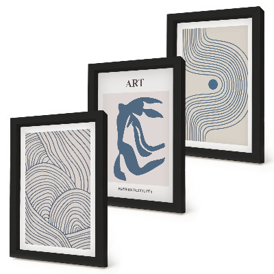Tríptico com moldura Padrões abstratos de linhas e formas em tons de azul.