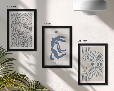 Tríptico com moldura Padrões abstratos de linhas e formas em tons de azul.