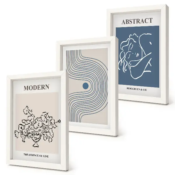 Conjunto de 3 quadros decorativos com pôsteres de linhas florais e formas abstratas