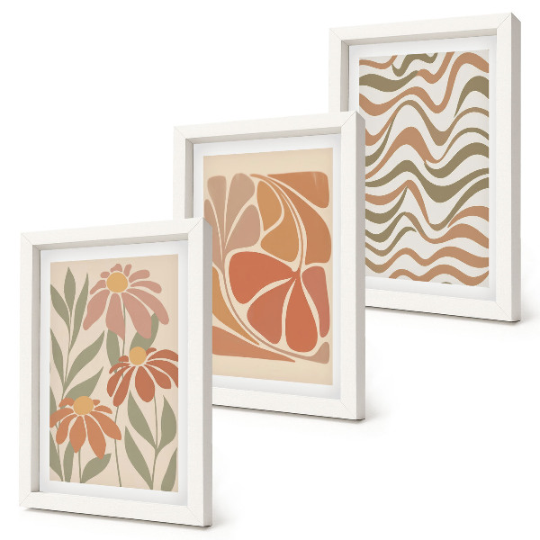 Tríptico com moldura Flores em tons pastel e padrões abstratos