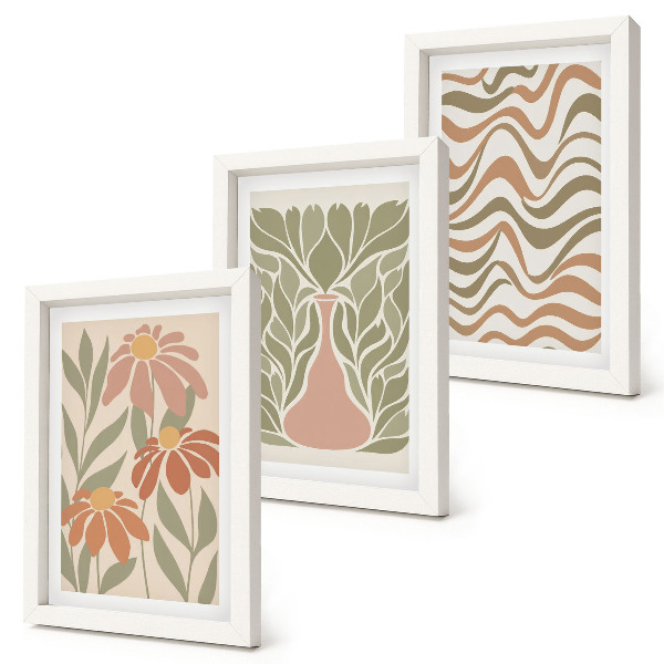 Conjunto de 3 quadros decorativos Ilustrações florais em tons pastel com abstração ondulada