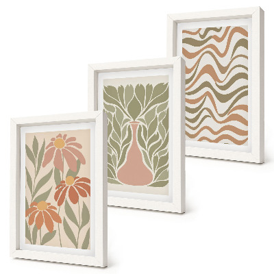Conjunto de 3 quadros decorativos Ilustrações florais em tons pastel com abstração ondulada