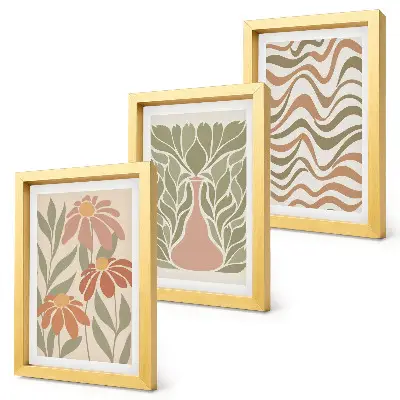 Conjunto de 3 quadros decorativos com ilustrações florais em tons pastel e abstração ondulada