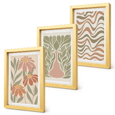 Conjunto de 3 quadros decorativos Ilustrações florais em tons pastel com abstração ondulada