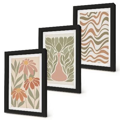 Conjunto de 3 quadros decorativos Ilustrações florais em tons pastel com abstração ondulada
