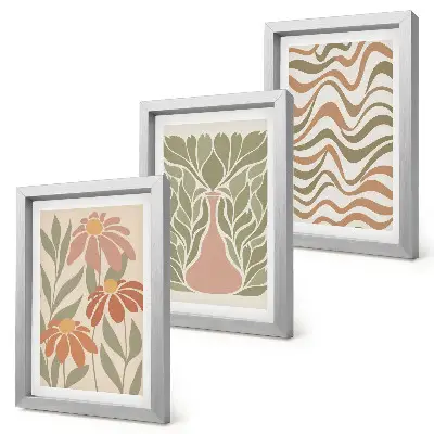 Conjunto de 3 quadros decorativos com ilustrações florais em tons pastel e abstração ondulada