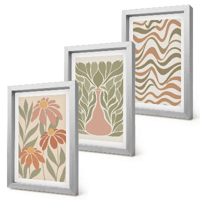 Conjunto de 3 quadros decorativos Ilustrações florais em tons pastel com abstração ondulada