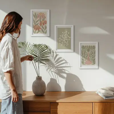 Conjunto de molduras com imagens com motivos florais e padrões minimalistas em estilo boho