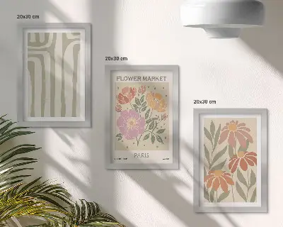 Conjunto de 3 quadros decorativos com motivos botânicos e estilo minimalista parisiense