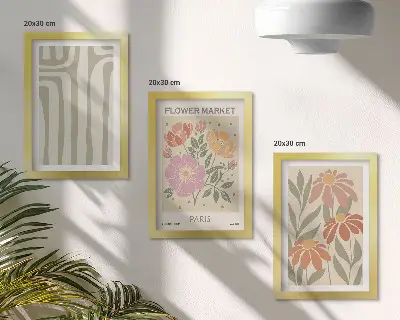 Conjunto de 3 quadros decorativos com motivos botânicos e estilo minimalista parisiense