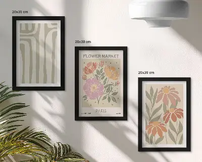 Conjunto de 3 quadros decorativos com motivos botânicos e estilo minimalista parisiense