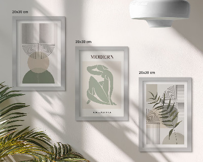 Conjunto de 3 quadros decorativos Gráficos estilosos com formas abstratas e plantas.