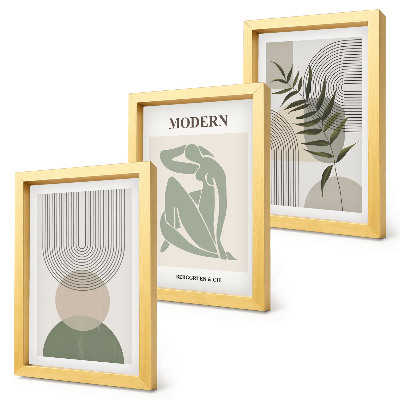 Conjunto de 3 quadros decorativos Gráficos estilosos com formas abstratas e plantas.