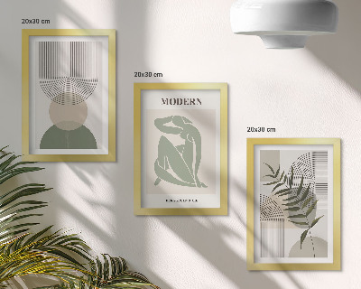 Conjunto de 3 quadros decorativos Gráficos estilosos com formas abstratas e plantas.