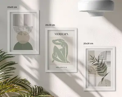 Conjunto de 3 quadros decorativos com gráficos de formas abstratas e plantas