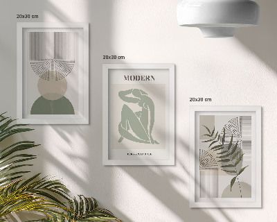 Conjunto de 3 quadros decorativos Gráficos estilosos com formas abstratas e plantas.