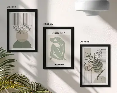 Conjunto de 3 quadros decorativos com gráficos de formas abstratas e plantas