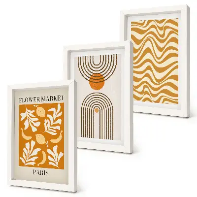 Conjunto de 3 quadros decorativos com estampas de moda florais e geométricas