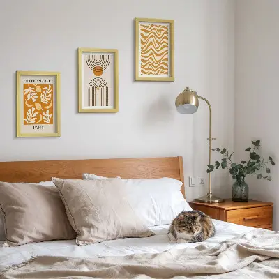 Conjunto de 3 quadros decorativos com estampas de moda florais e geométricas