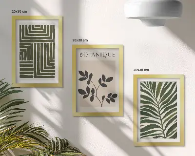 Conjunto de 3 quadros decorativos com composições botânicas no estilo minimalista boho