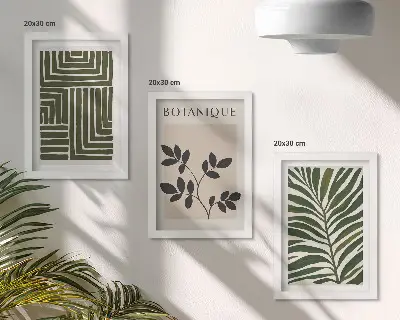 Conjunto de 3 quadros decorativos com composições botânicas no estilo minimalista boho