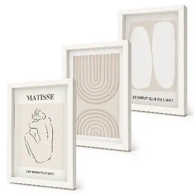 Conjunto de 3 quadros decorativos com linhas elegantes e formas minimalistas em tons neutros